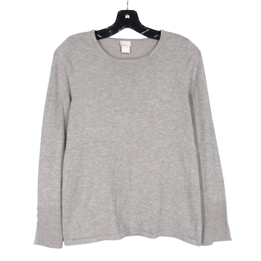 CHICO'S Gray LIGHTWEIGHT KNIT Long Sleeve BUTTON-CUFF Pullover SWEATER Sz 0 S